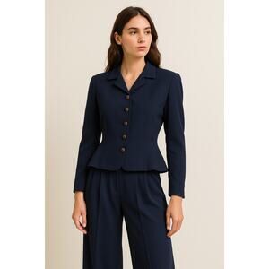 Vintage Joseph Magnin Monarch NY Navy Blue Peplum Fitted Blazer Jacket Large